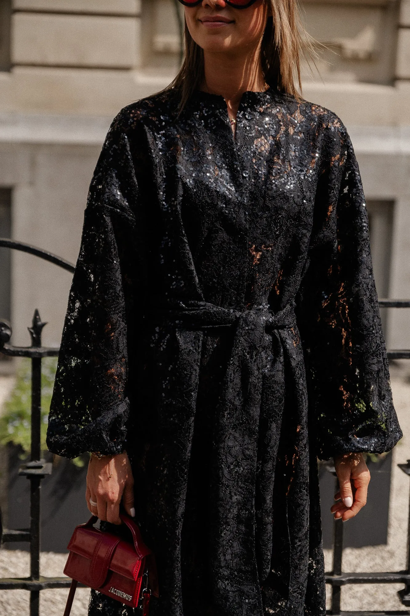 Lace sequins shirt dress black