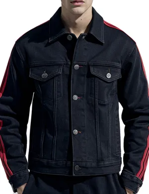 Men's Black Denim Jacket With Red Stripes