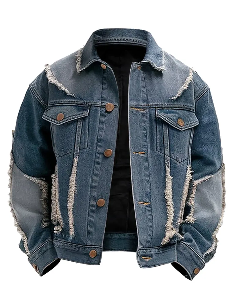 Men's Distressed Blue Frayed Design Denim Jacket