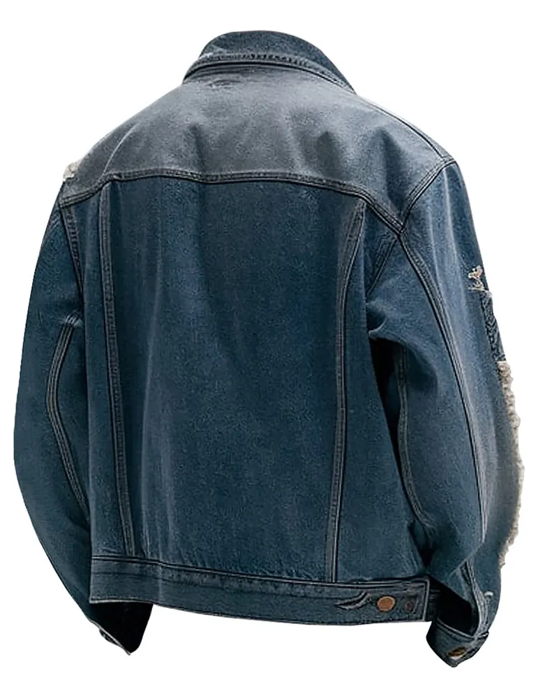 Men's Distressed Blue Frayed Design Denim Jacket