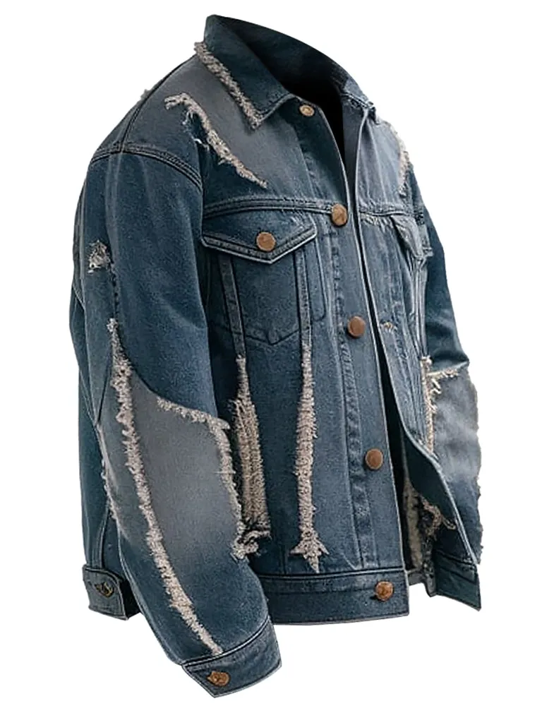 Men's Distressed Blue Frayed Design Denim Jacket