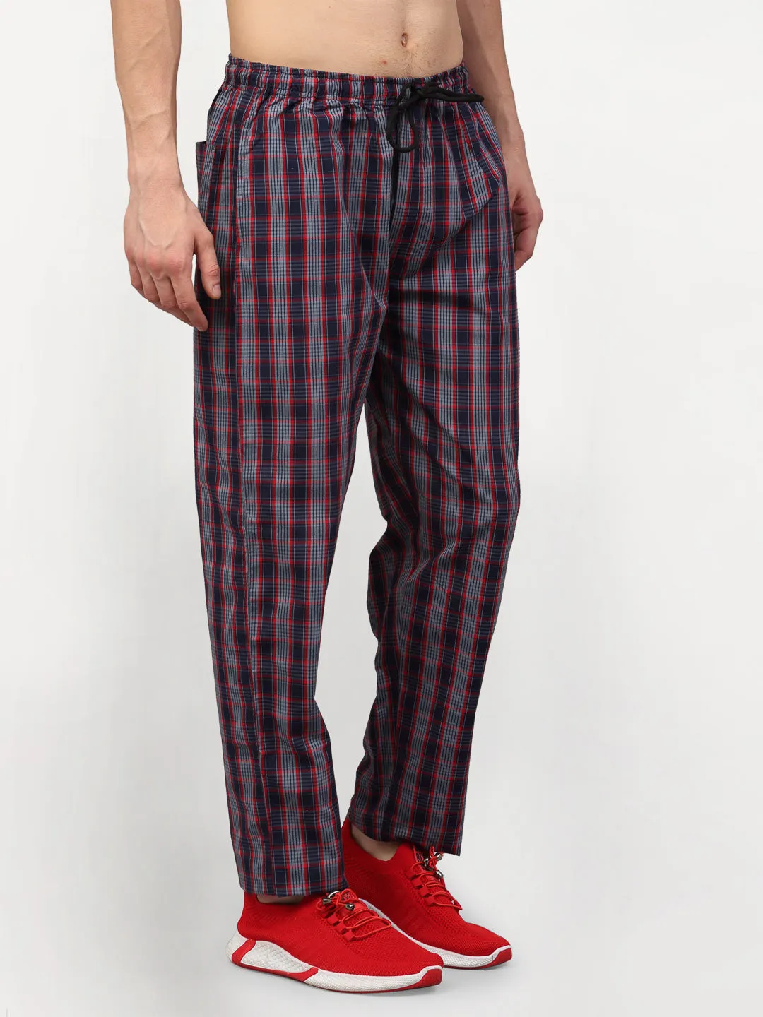 Men's Grey Cotton Checked Track Pants ( JOG 019Grey-Red ) - Jainish