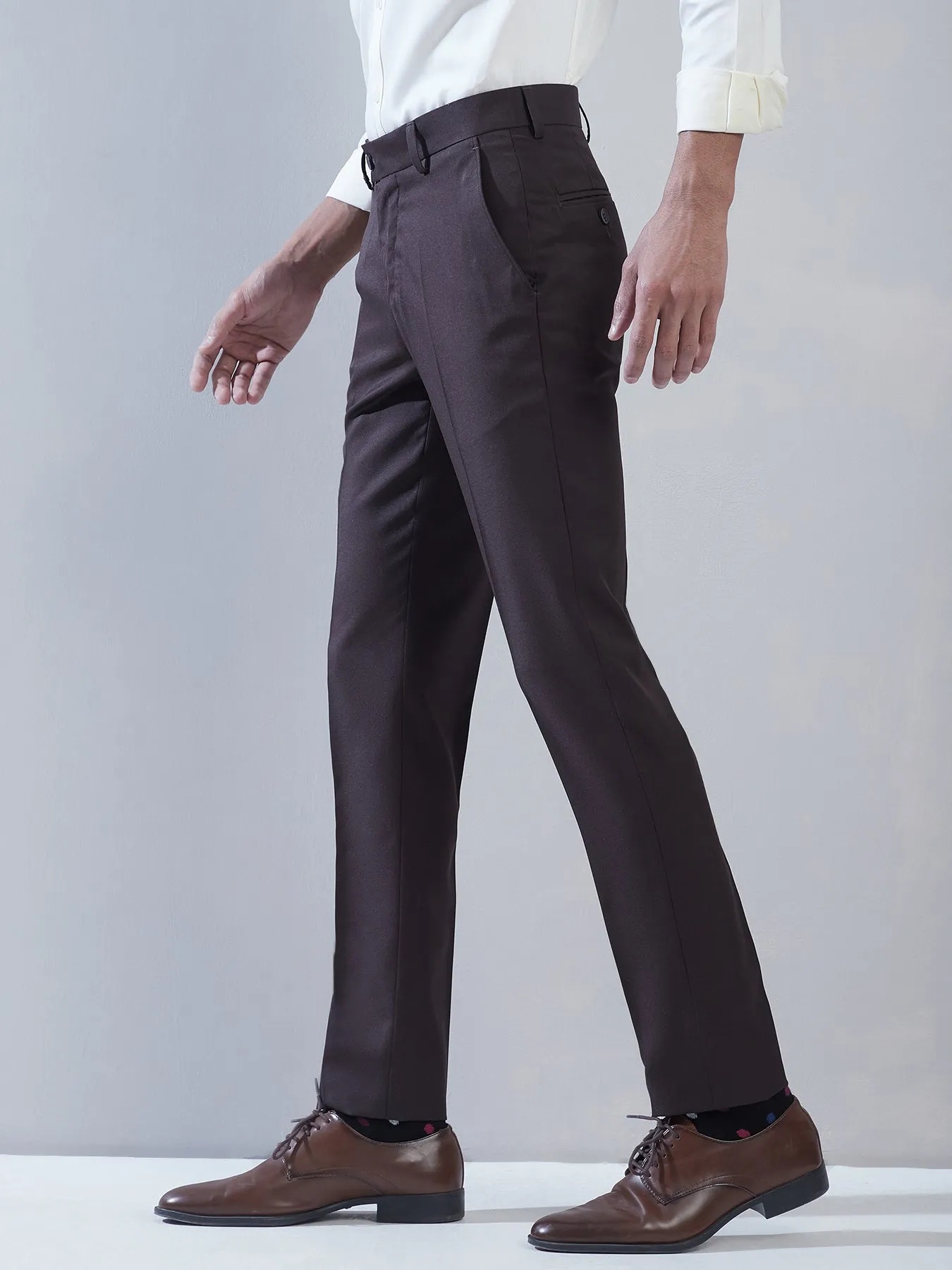 Poly Viscose Charcoal Plain Slim Fit Flat Front Formal Trouser