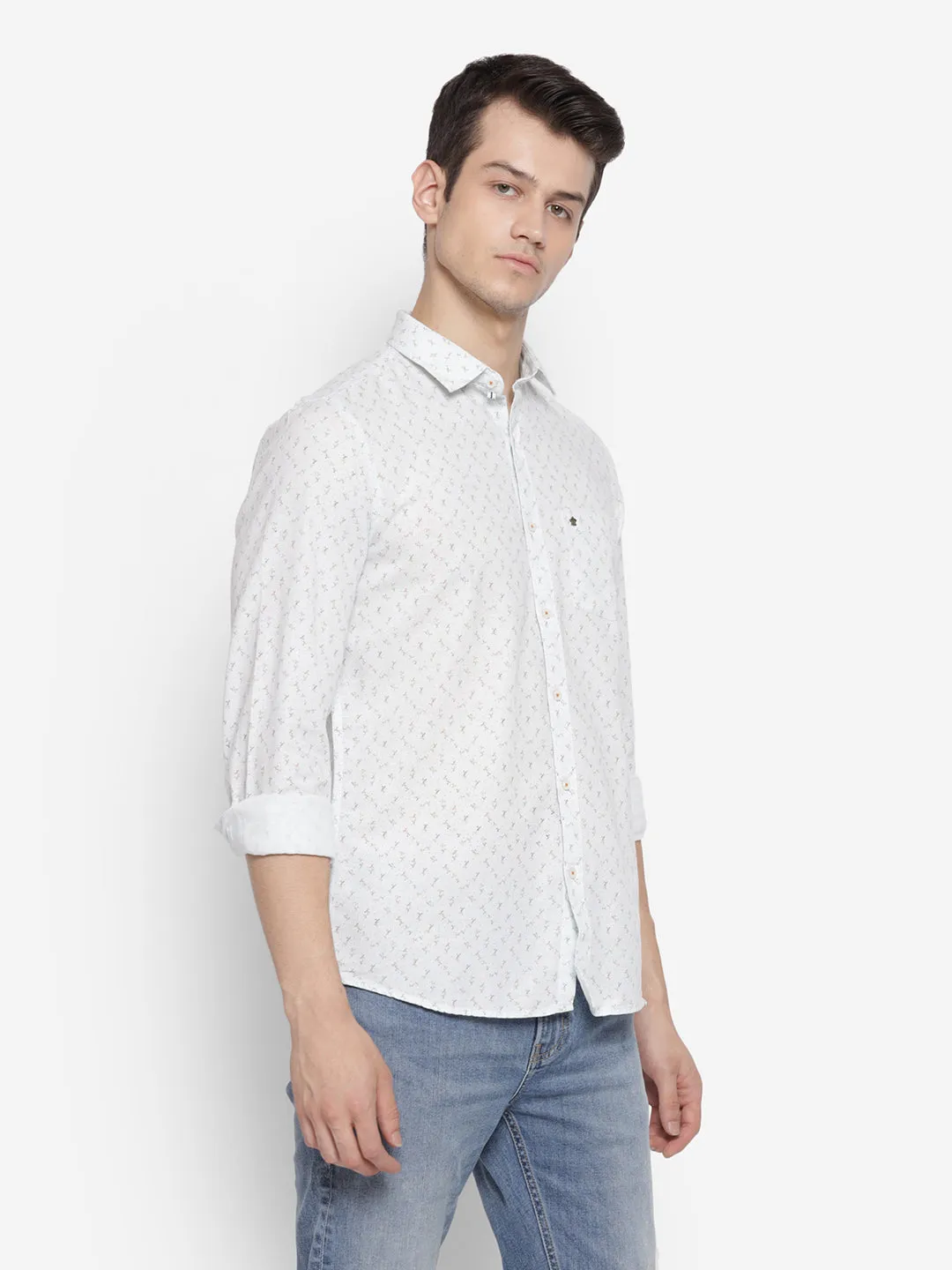 Printed Cream Slim Fit Causal Shirt