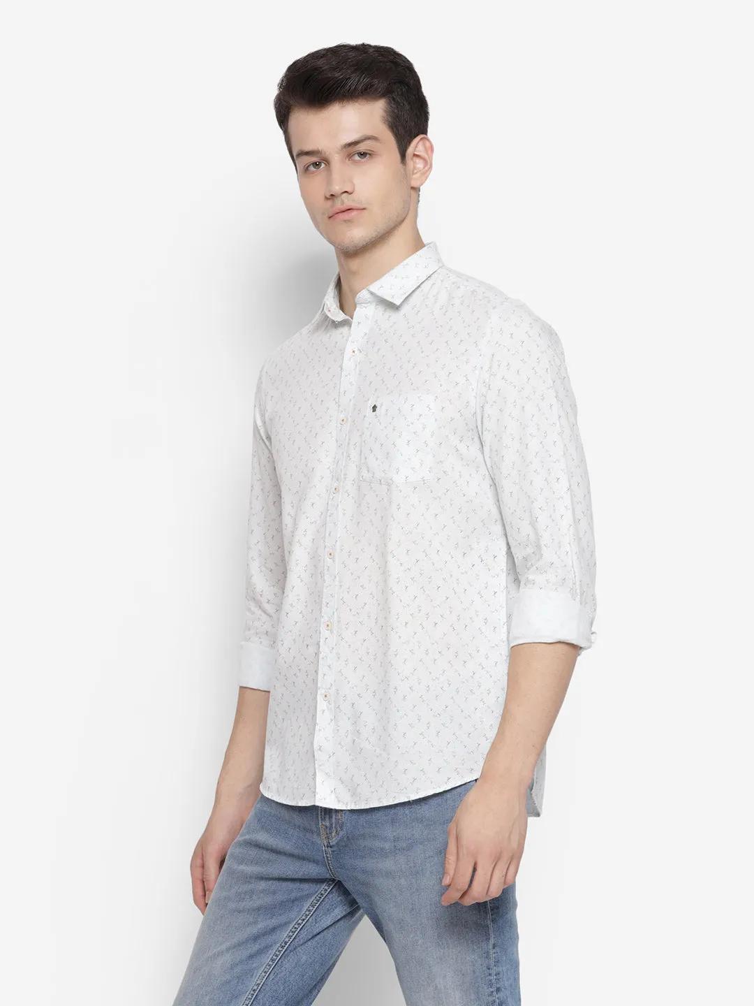 Printed Cream Slim Fit Causal Shirt