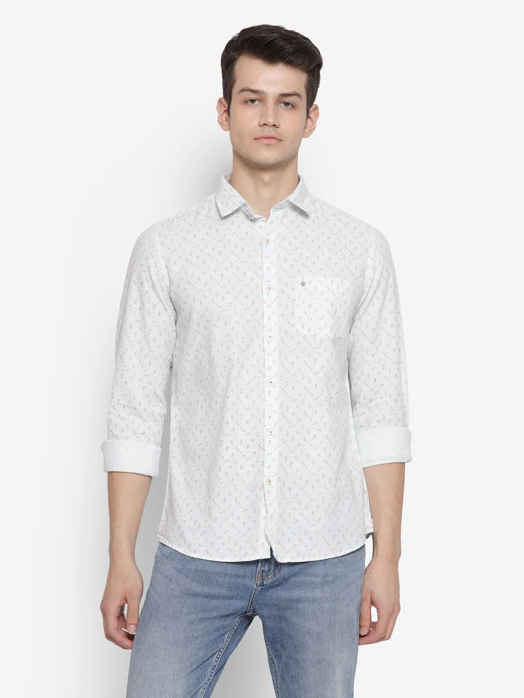 Printed Cream Slim Fit Causal Shirt