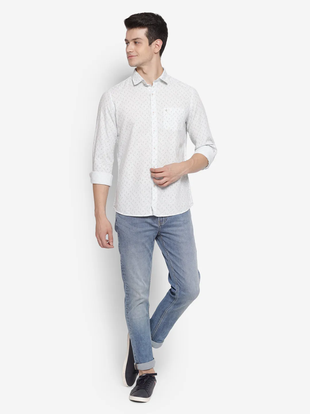 Printed Cream Slim Fit Causal Shirt