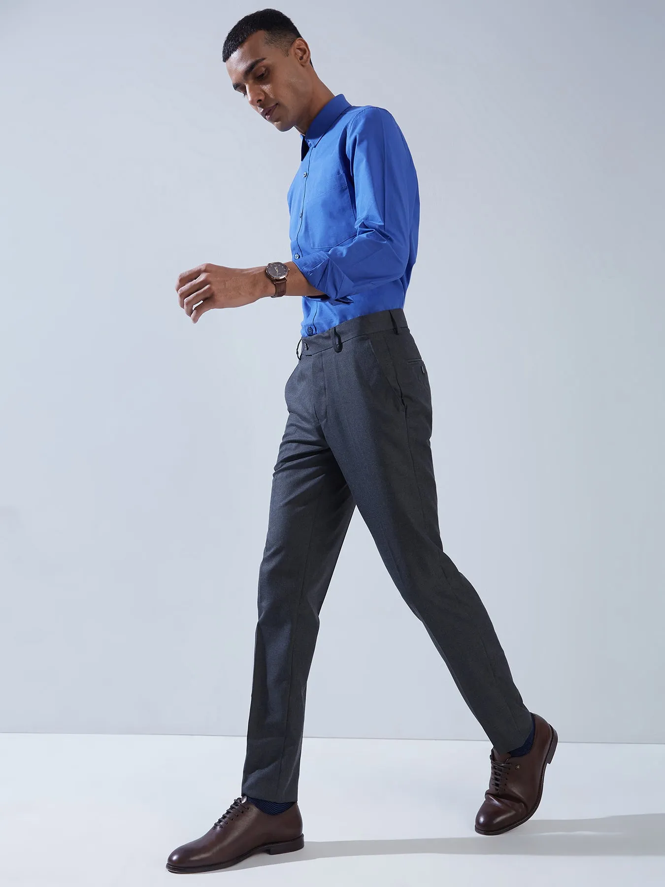 PV Blue Slim Fit Flat Front Formal Mens Plain Trouser