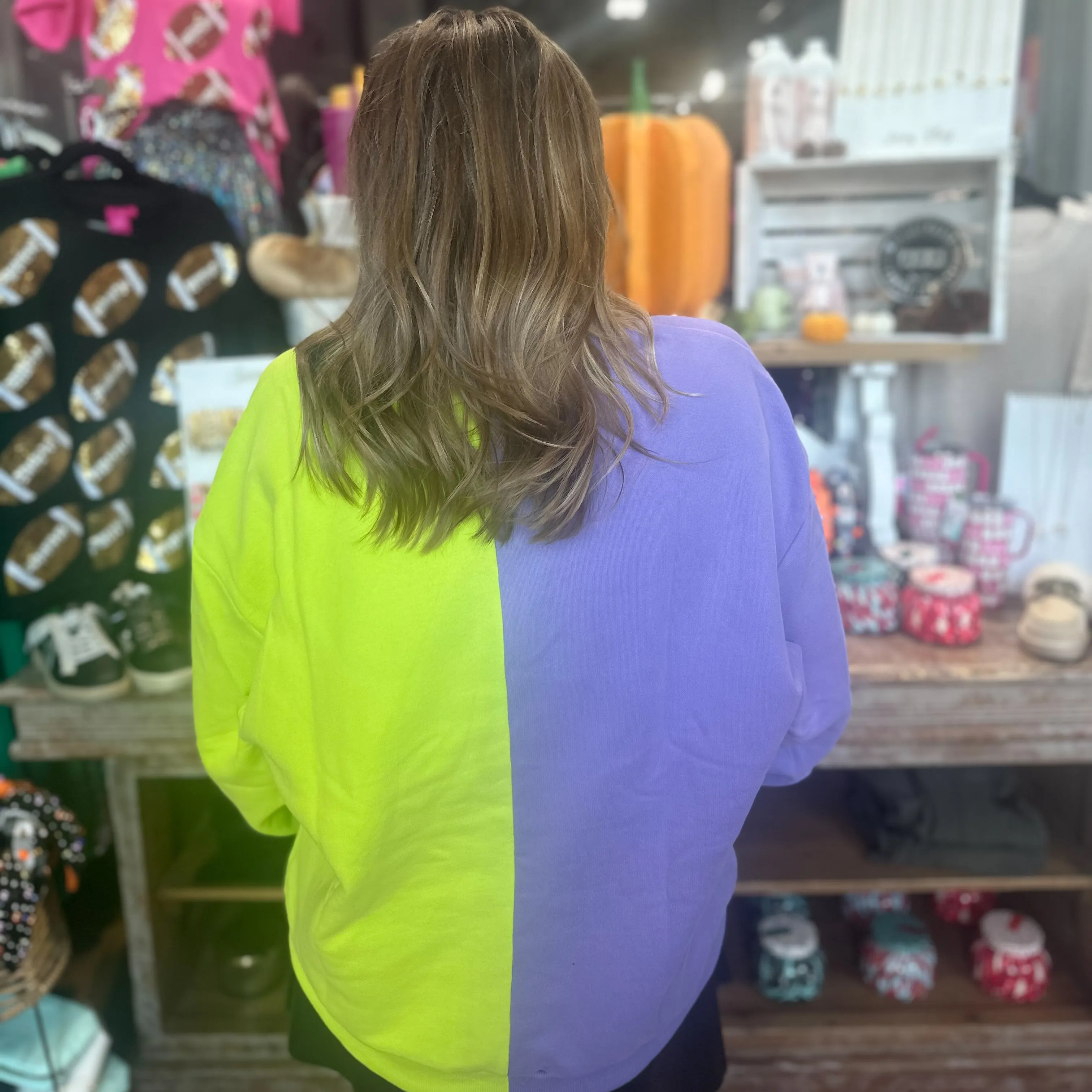 Queen Of Sparkles: Purple & Neon Green Split Pumpkin Face Sweatshirt