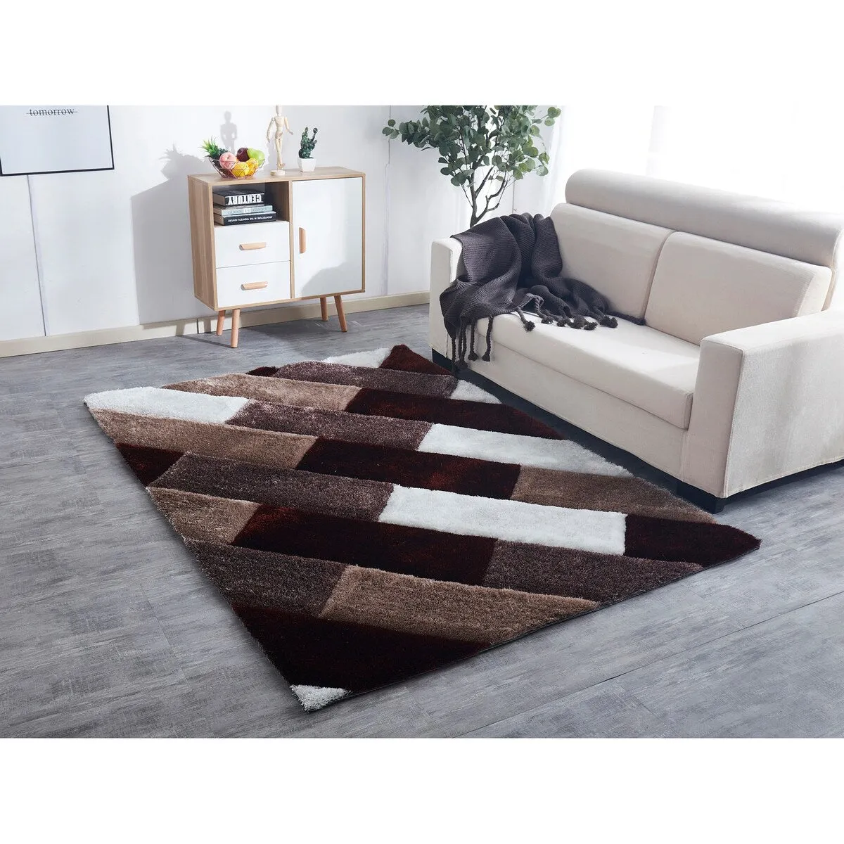 "3D Shaggy" Hand Tufted Shag Area Rug in Parquette Design