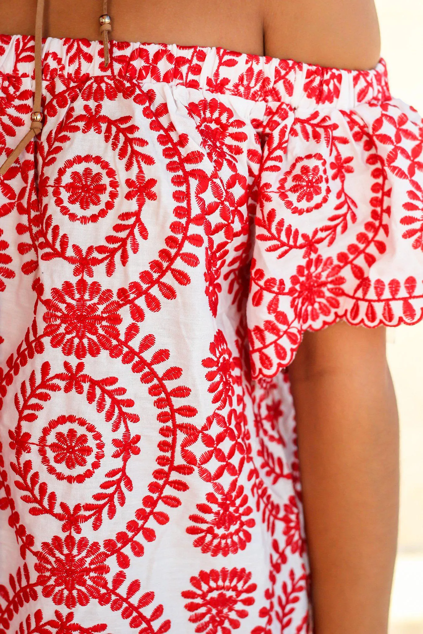 Red and White Off Shoulder Embroidered Top