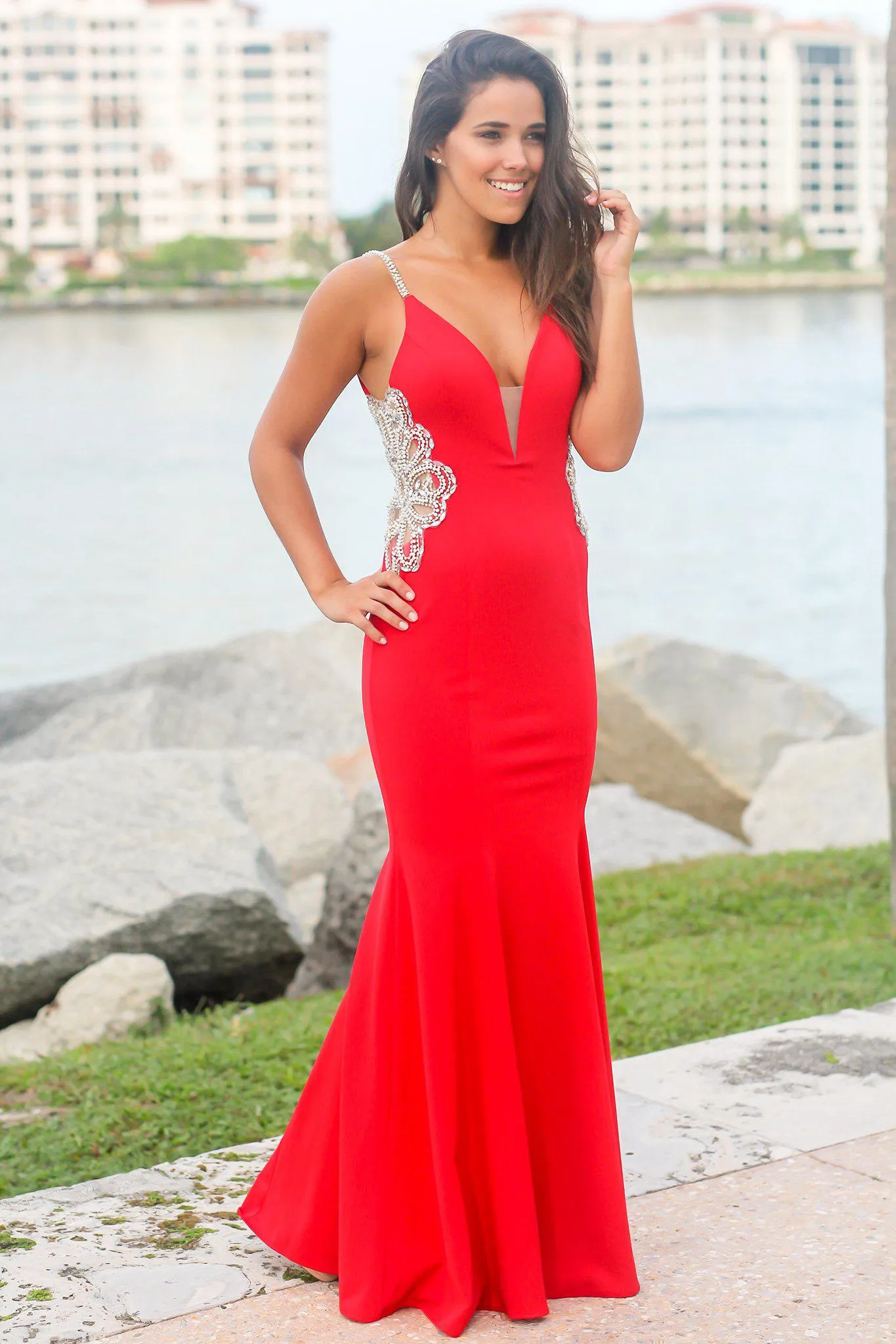 Red Maxi Dress with Jeweled Detail