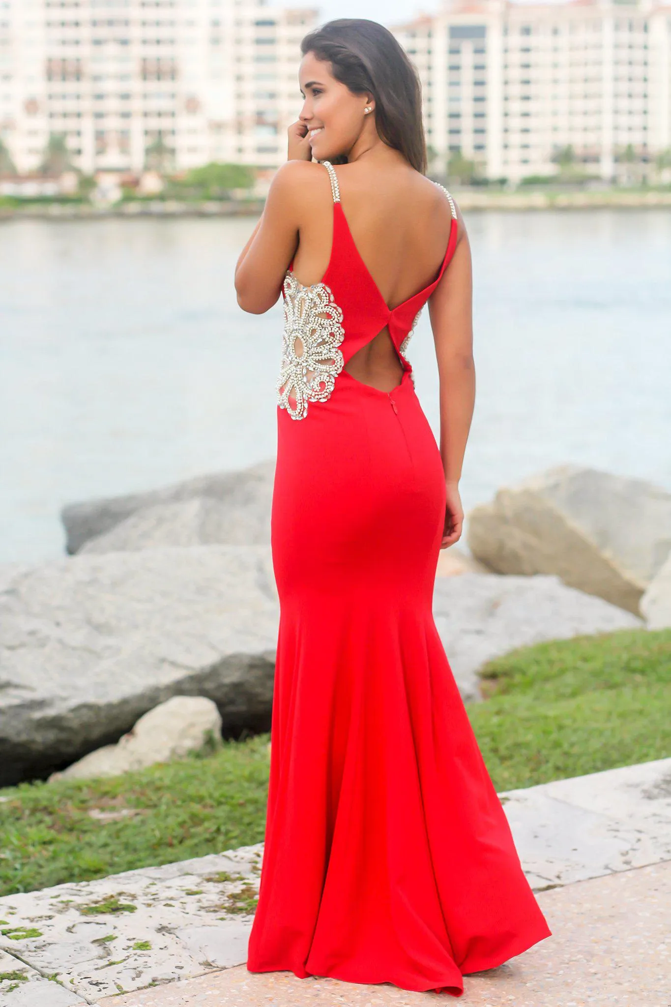 Red Maxi Dress with Jeweled Detail