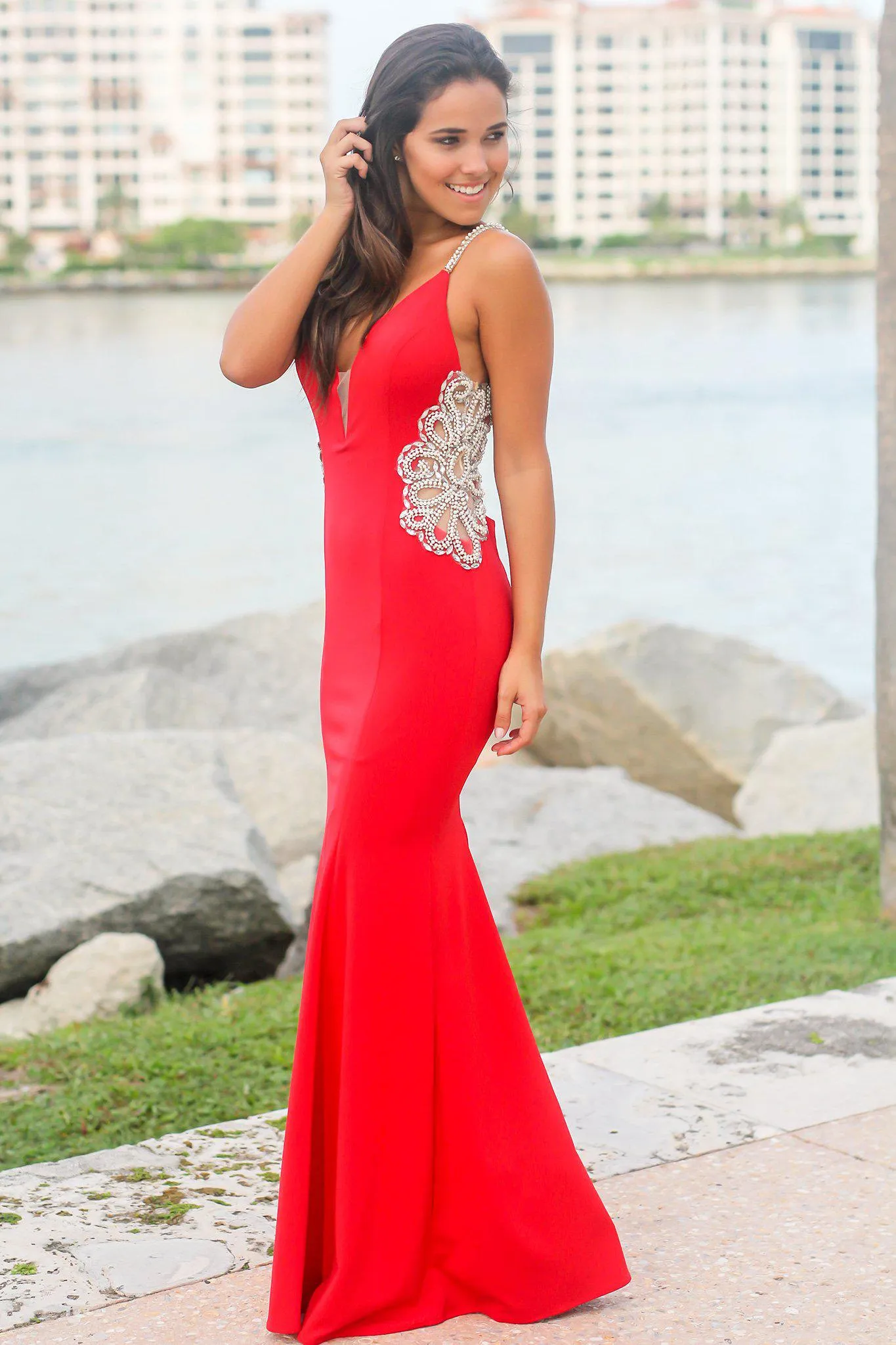 Red Maxi Dress with Jeweled Detail