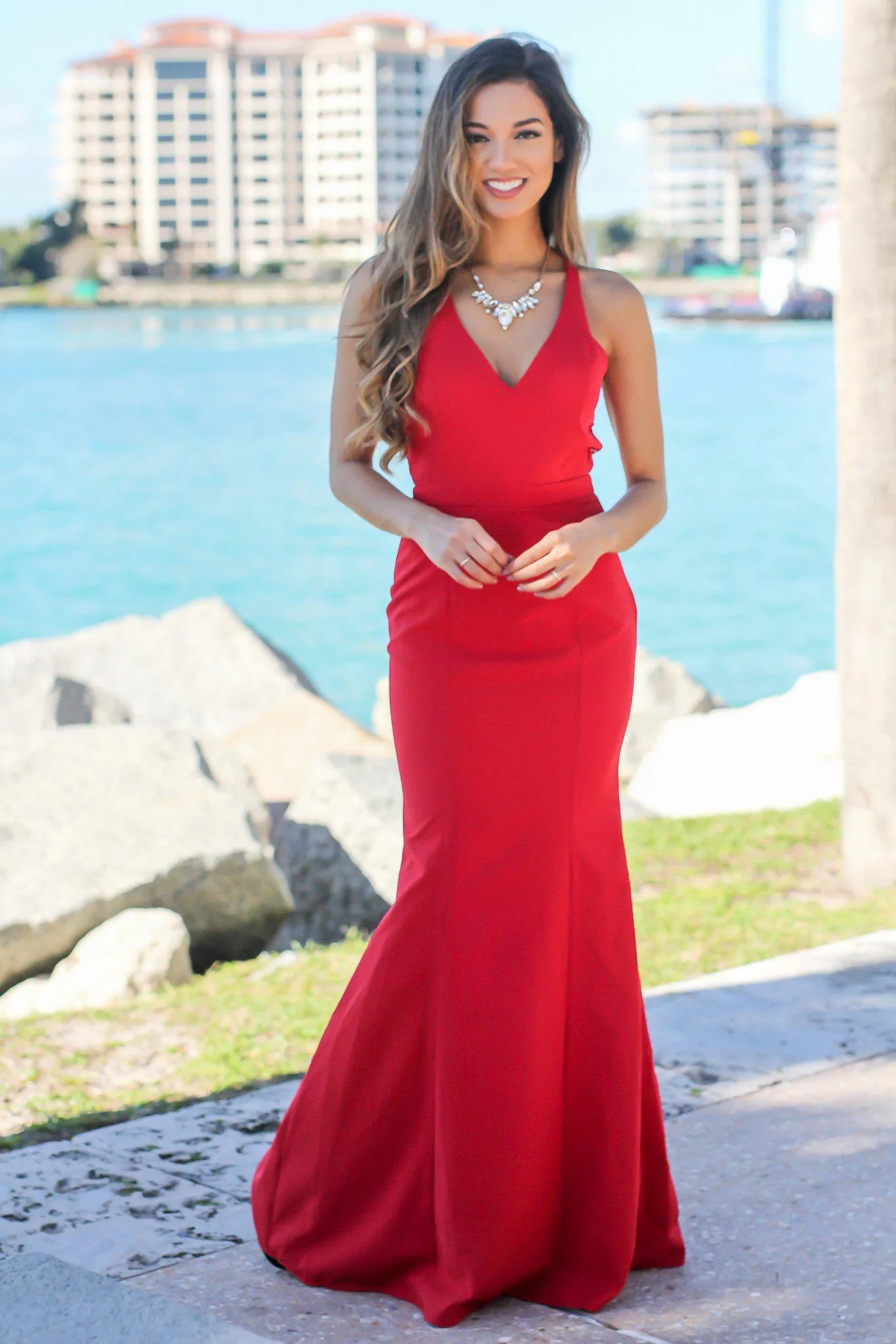 Red Maxi Dress with Lace Back