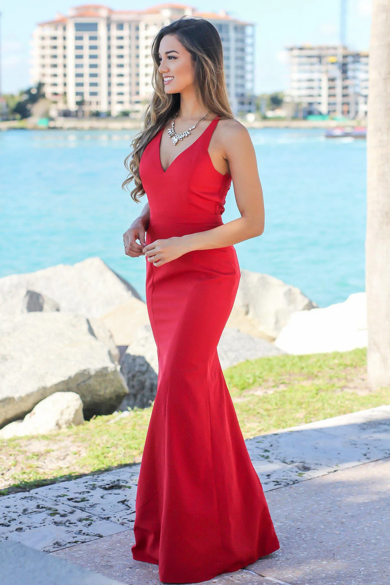 Red Maxi Dress with Lace Back