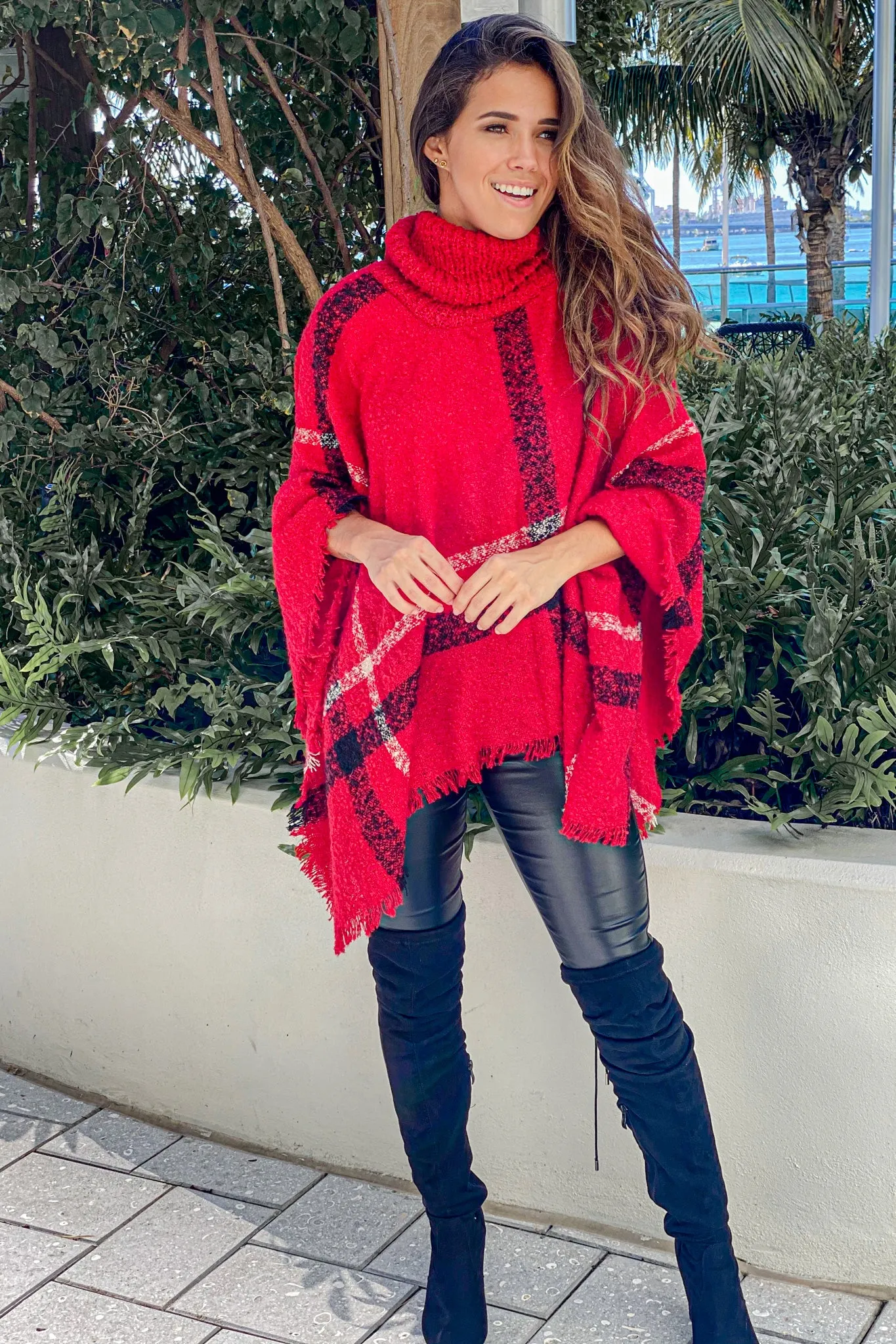 Red Plaid Turtleneck Poncho