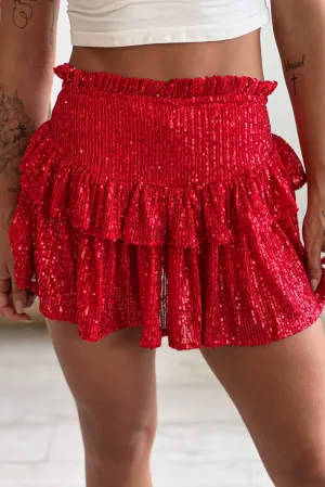 Red Sequin Ruffled Skirt