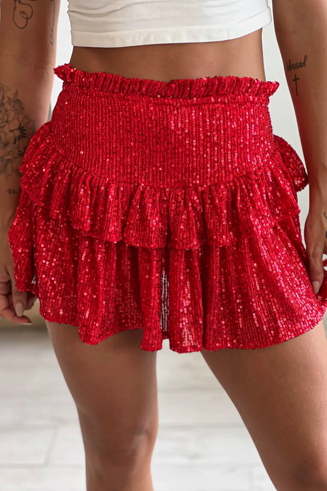 Red Sequin Ruffled Skirt