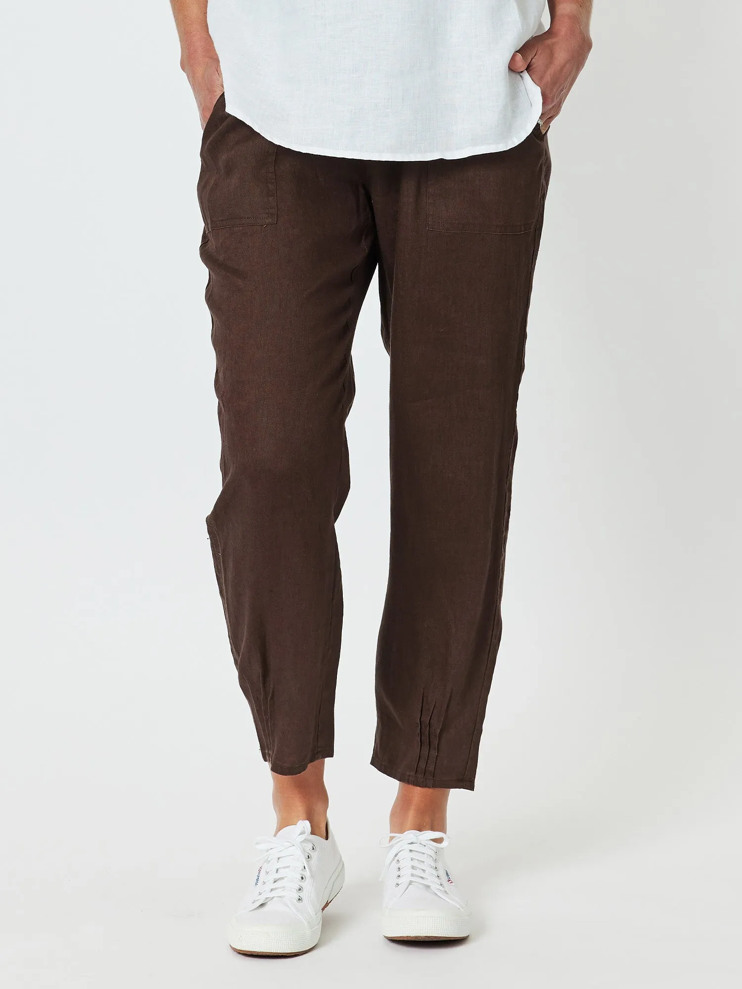 Sarah Linen Pleat Hem Pant - Chocolate