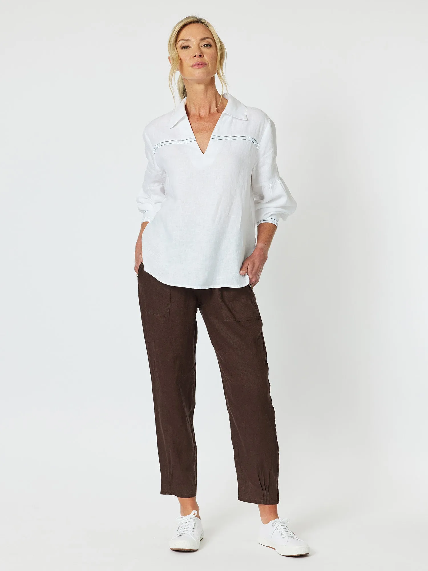 Sarah Linen Pleat Hem Pant - Chocolate