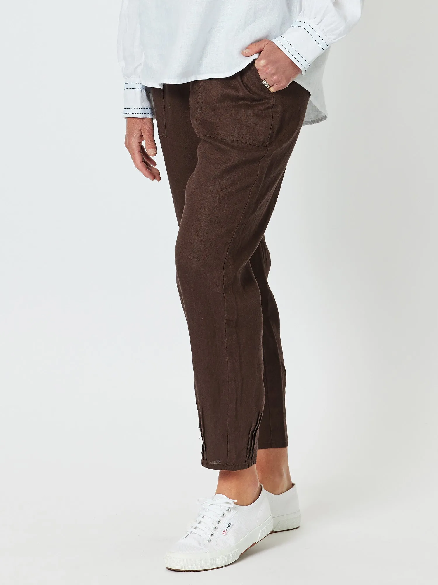 Sarah Linen Pleat Hem Pant - Chocolate