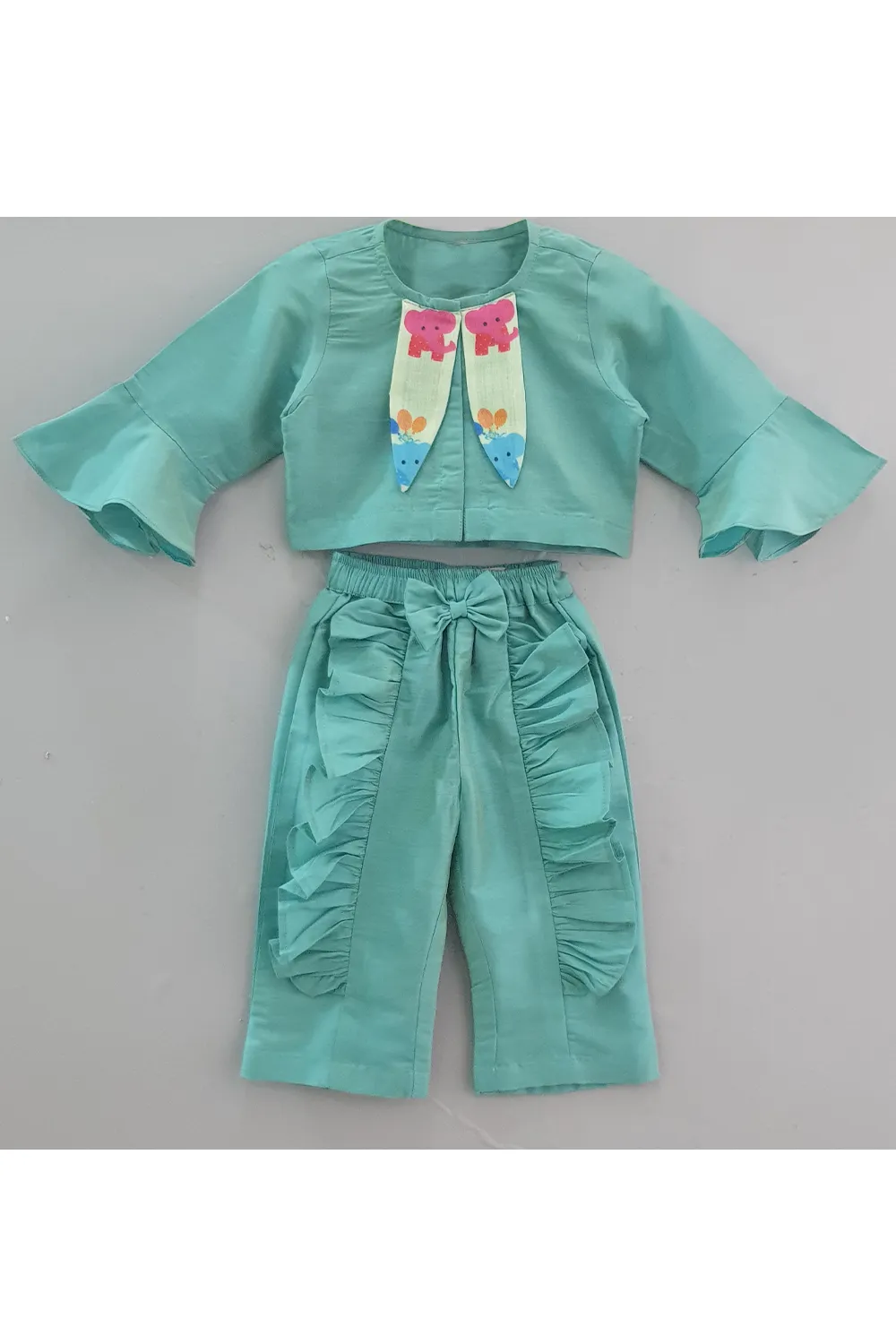 Sea green elephant printed crop top and frills pants