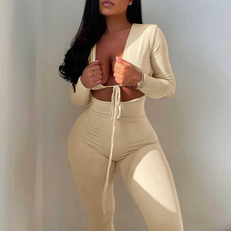 Sexy Tie-up Hollow-out Long-sleeved Jumpsuit