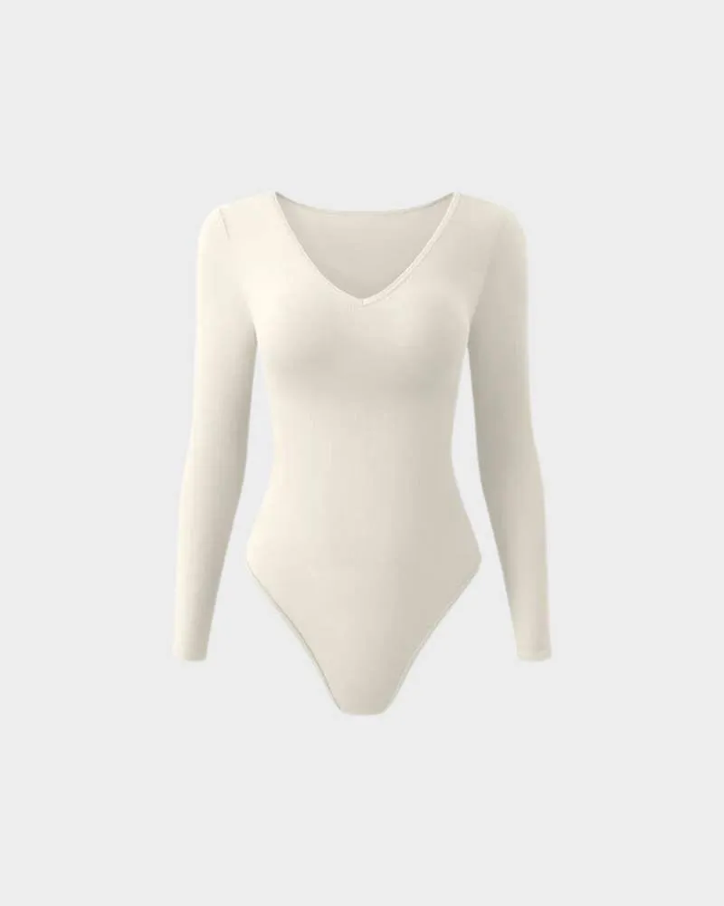 SheCurve® Sexy Ribbed V Neck Long Sleeve Bodysuits