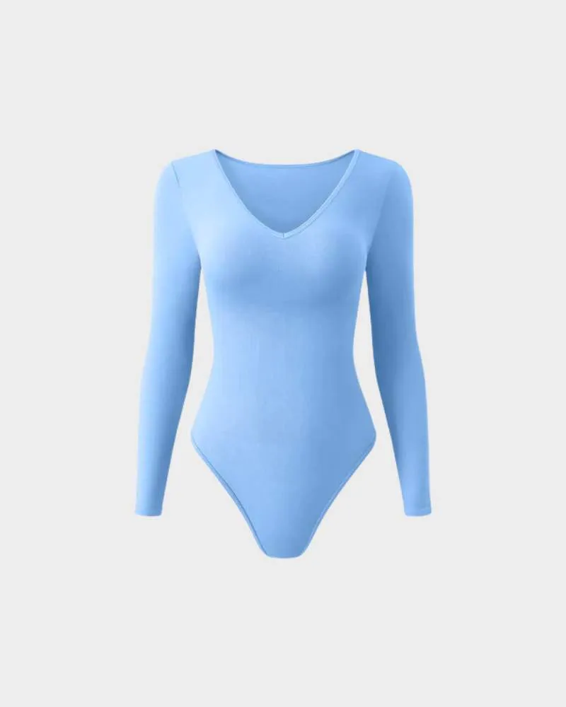 SheCurve® Sexy Ribbed V Neck Long Sleeve Bodysuits