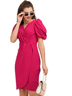 SHEETAL ASSOCIATES Women's Puff Sleeve V-Neck Bodycon Casual Mini Dress Hot Pink