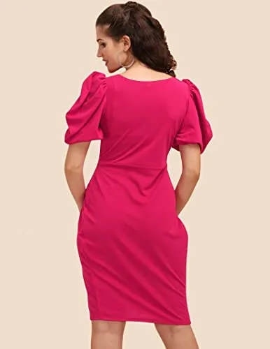 SHEETAL ASSOCIATES Women's Puff Sleeve V-Neck Bodycon Casual Mini Dress Hot Pink