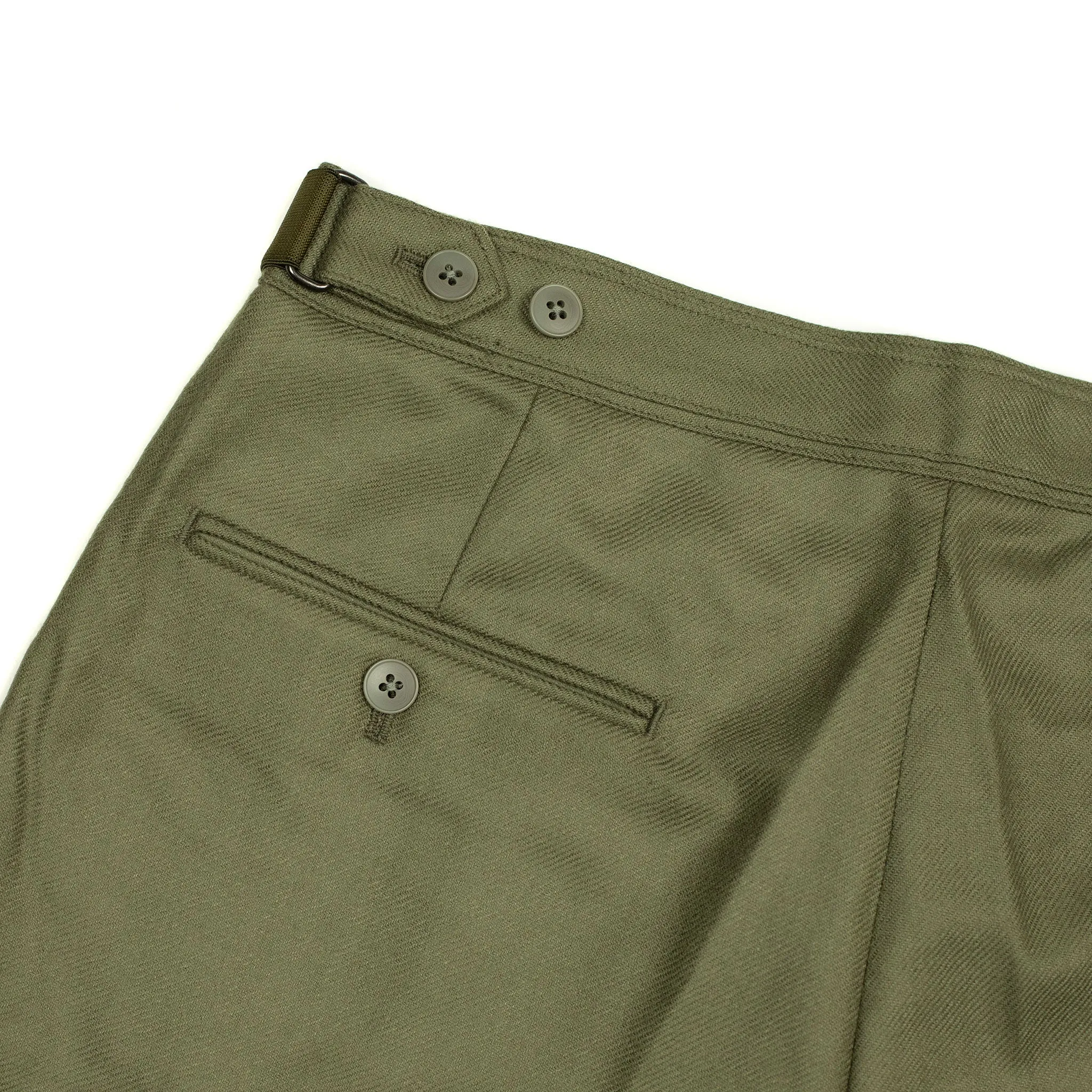 Side tab trousers in deep sage wool twill