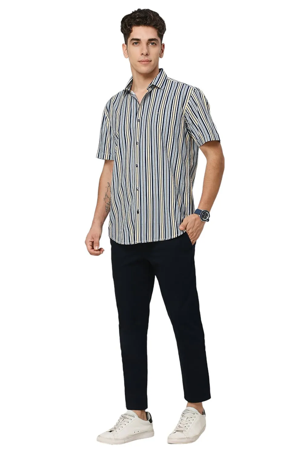 Slim Fit Cotton Viscose Twill Stripe Halfsleeves Shirt