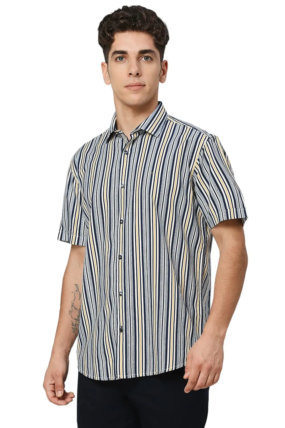 Slim Fit Cotton Viscose Twill Stripe Halfsleeves Shirt