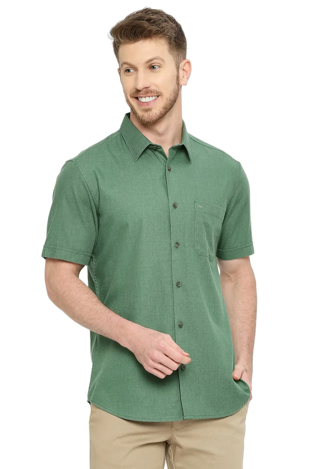 Slim Fit Polyester Cotton Lyocel Twill Melange Halfsleeves Shirt