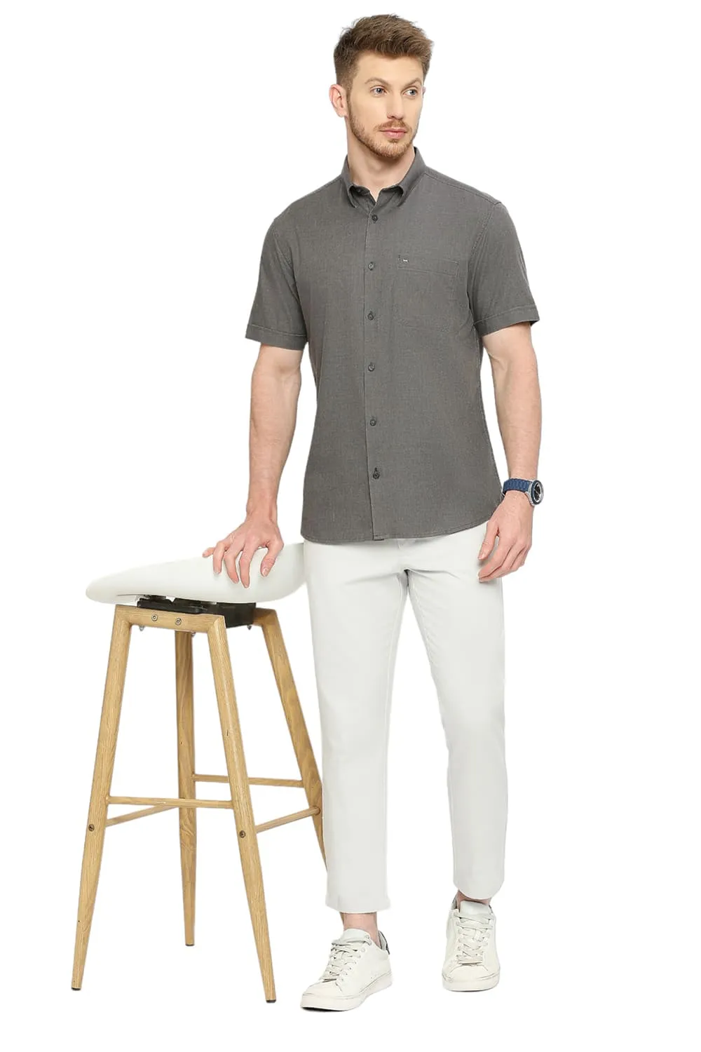 Slim Fit Polyester Cotton Lyocel Twill Melange Halfsleeves Shirt