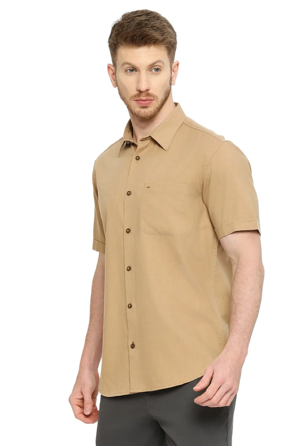 Slim Fit Polyester Cotton Lyocel Twill Melange Halfsleeves Shirt