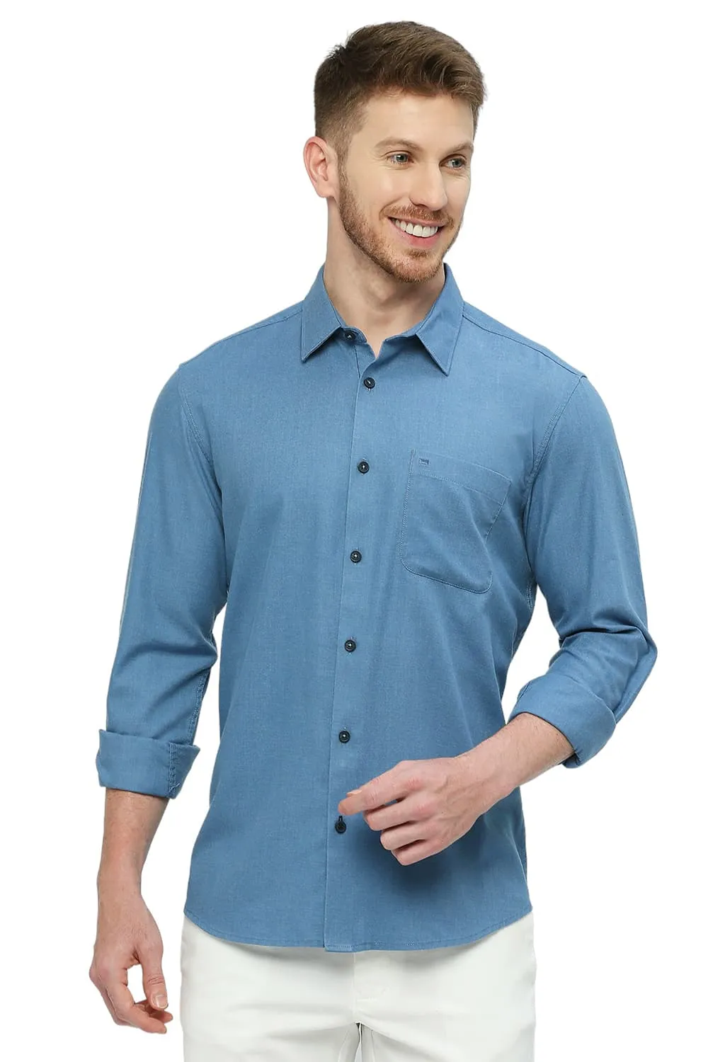 Slim Fit Polyester Cotton Lyocel Twill Melange Shirt