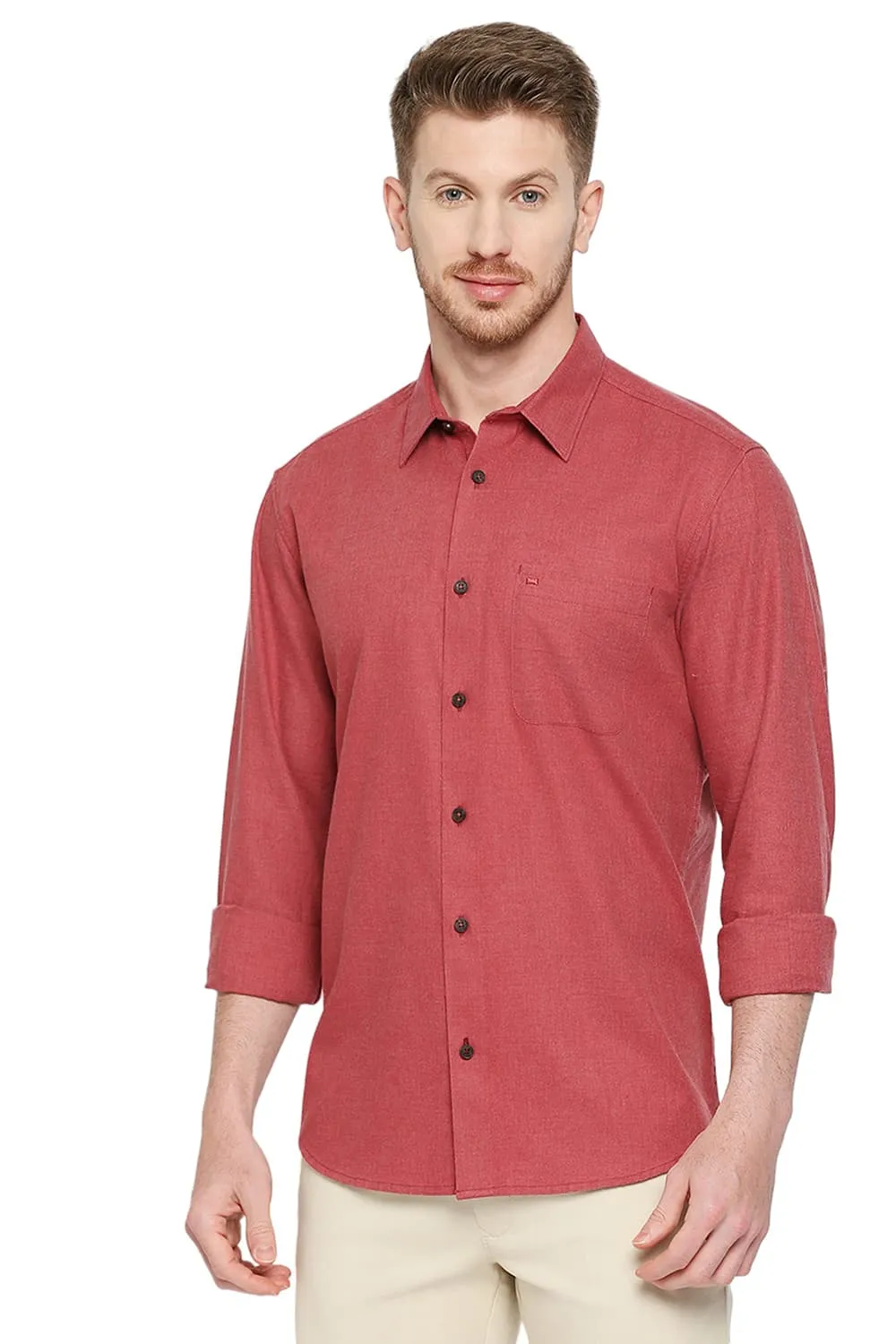 Slim Fit Polyester Cotton Lyocel Twill Melange Shirt