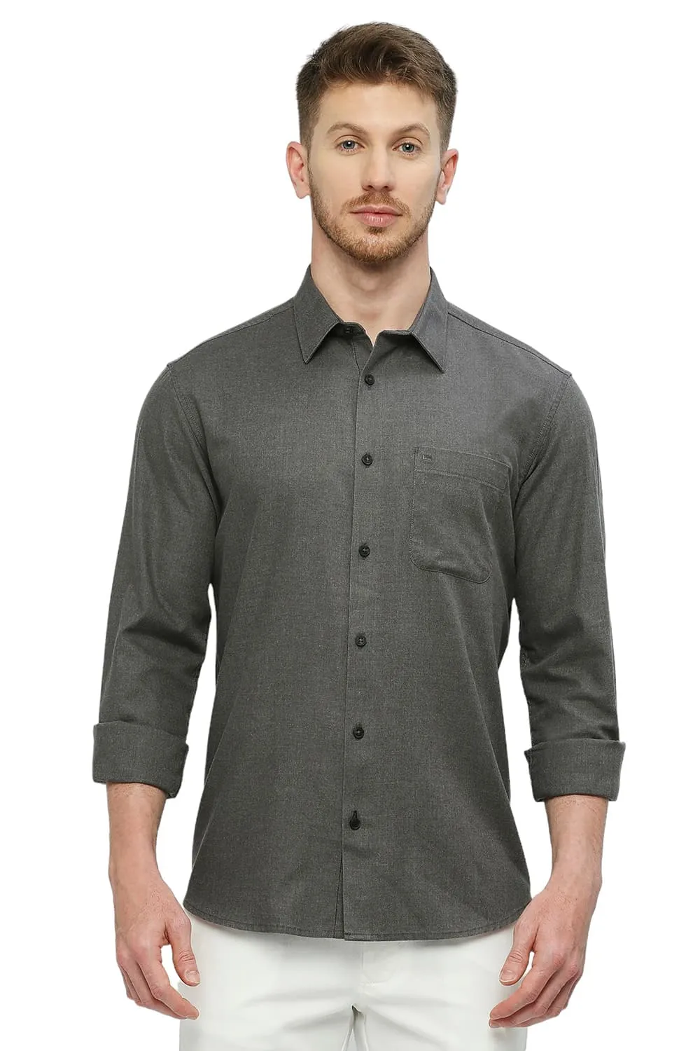 Slim Fit Polyester Cotton Lyocel Twill Melange Shirt