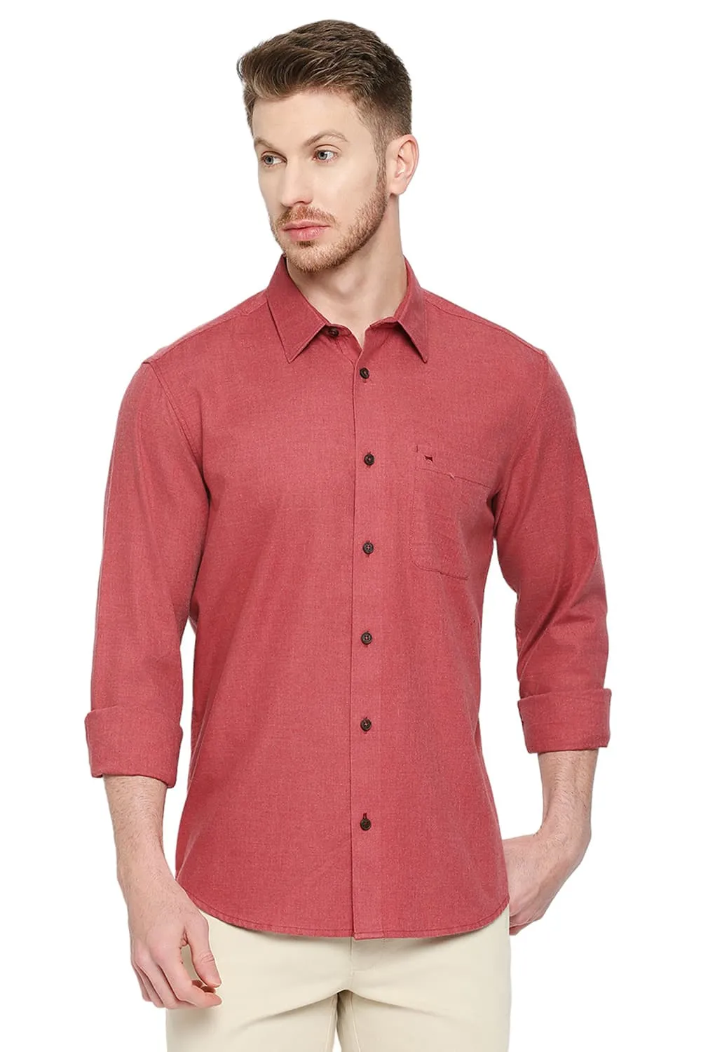 Slim Fit Polyester Cotton Lyocel Twill Melange Shirt