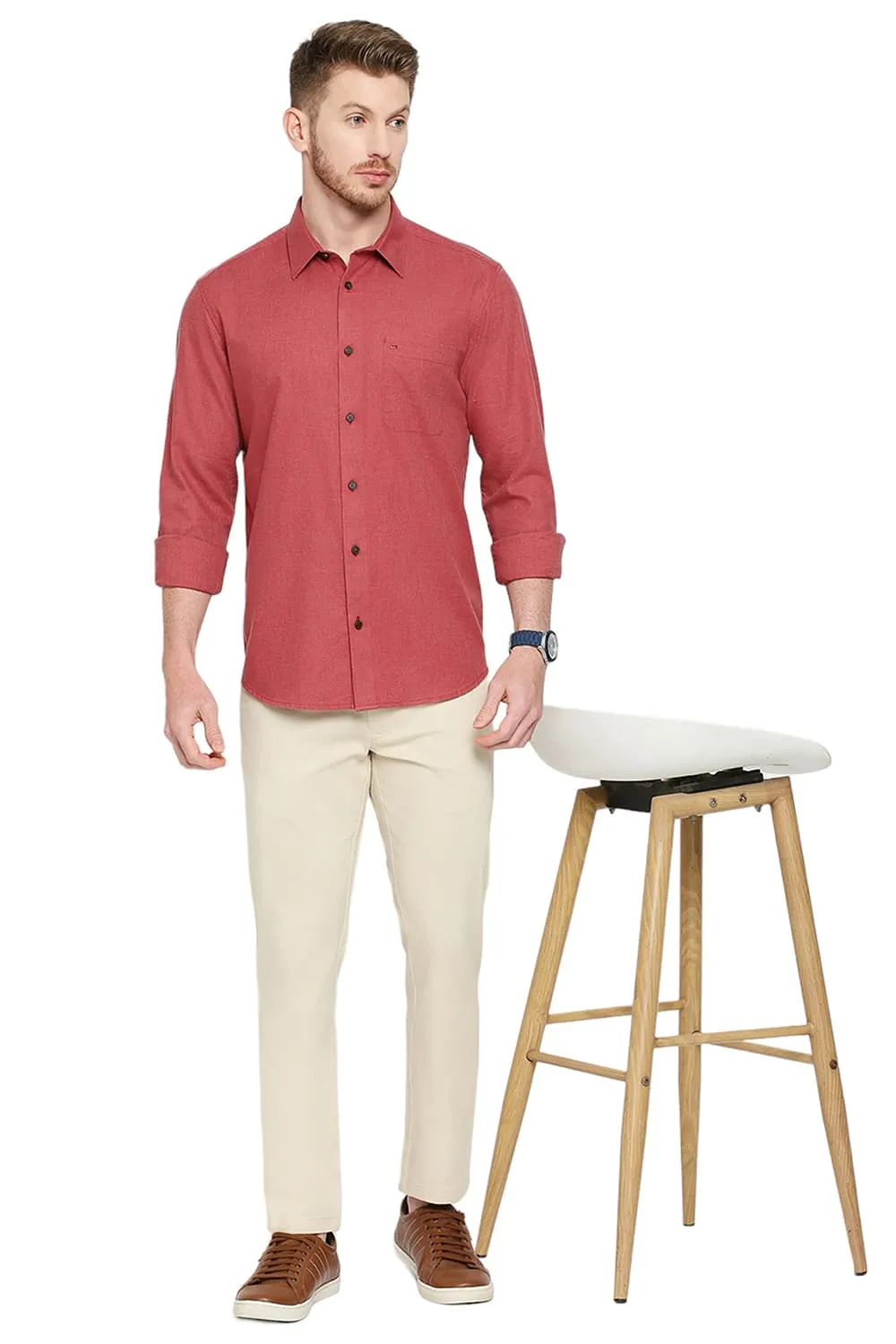 Slim Fit Polyester Cotton Lyocel Twill Melange Shirt