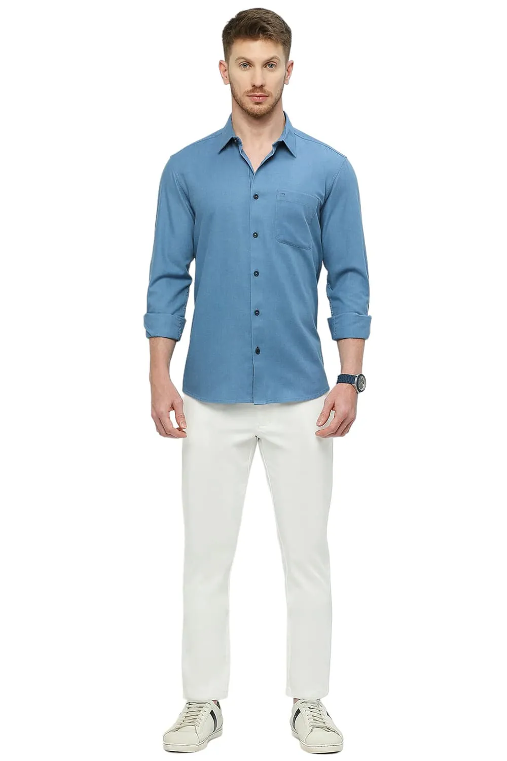 Slim Fit Polyester Cotton Lyocel Twill Melange Shirt