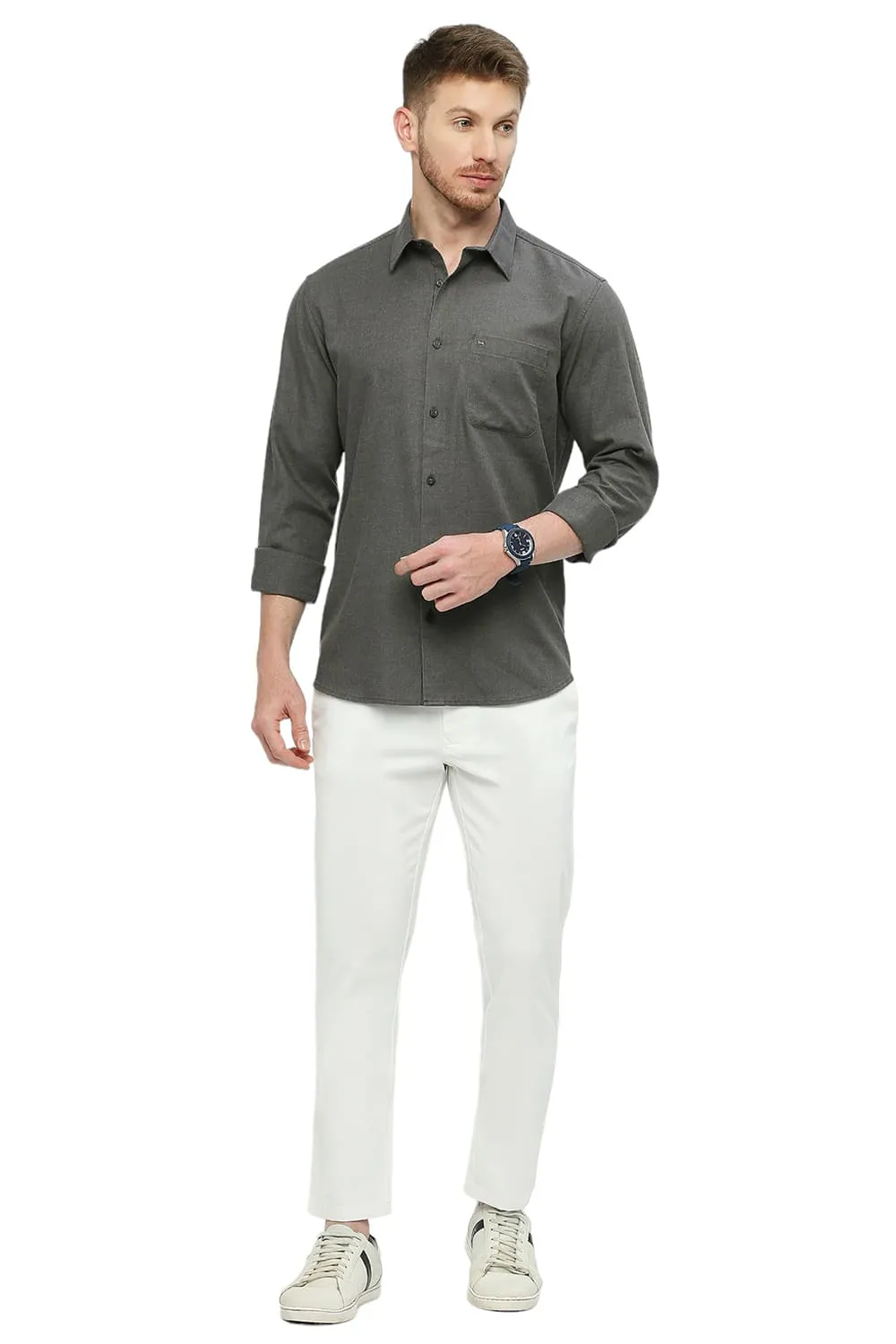 Slim Fit Polyester Cotton Lyocel Twill Melange Shirt