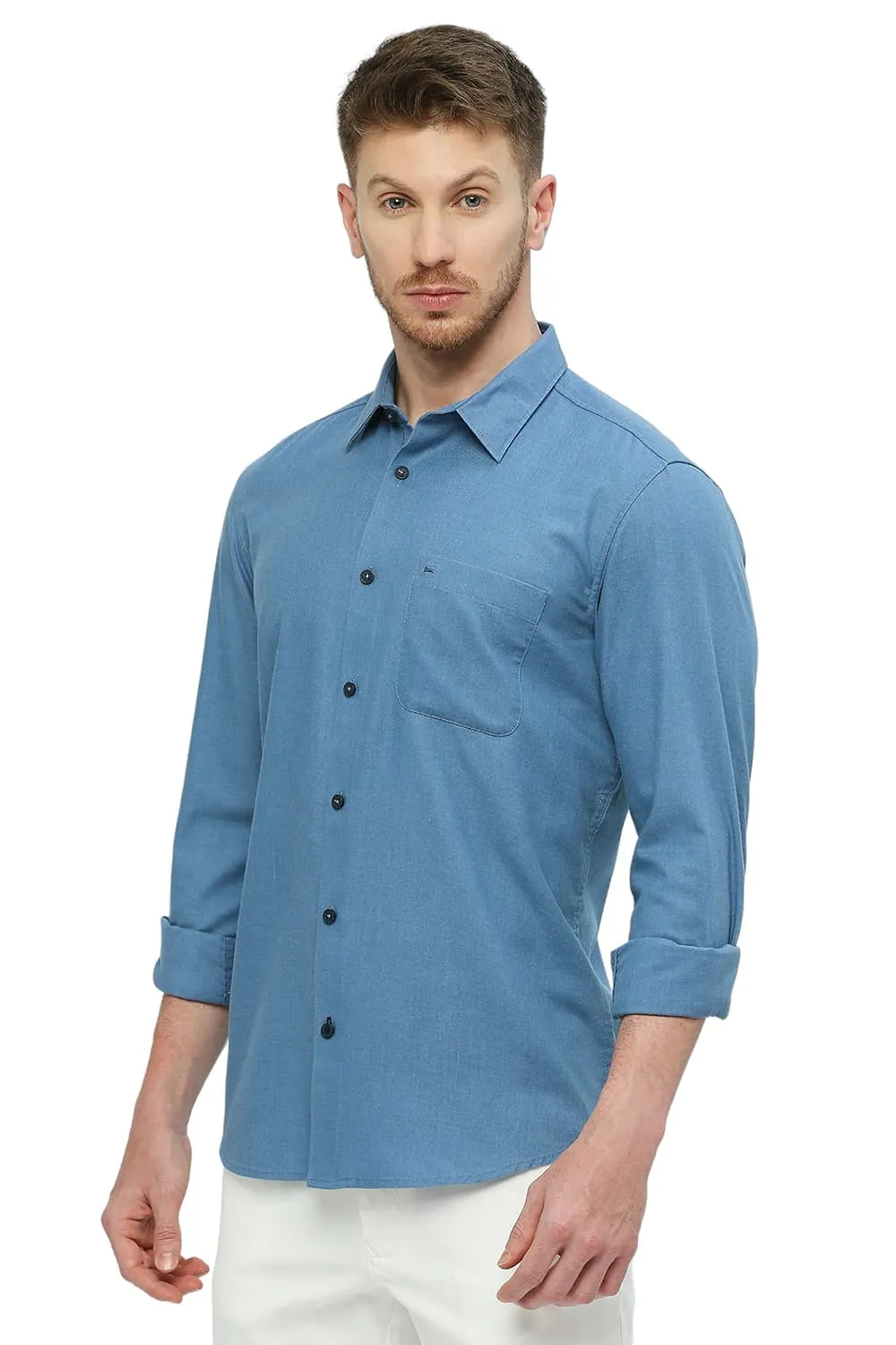 Slim Fit Polyester Cotton Lyocel Twill Melange Shirt