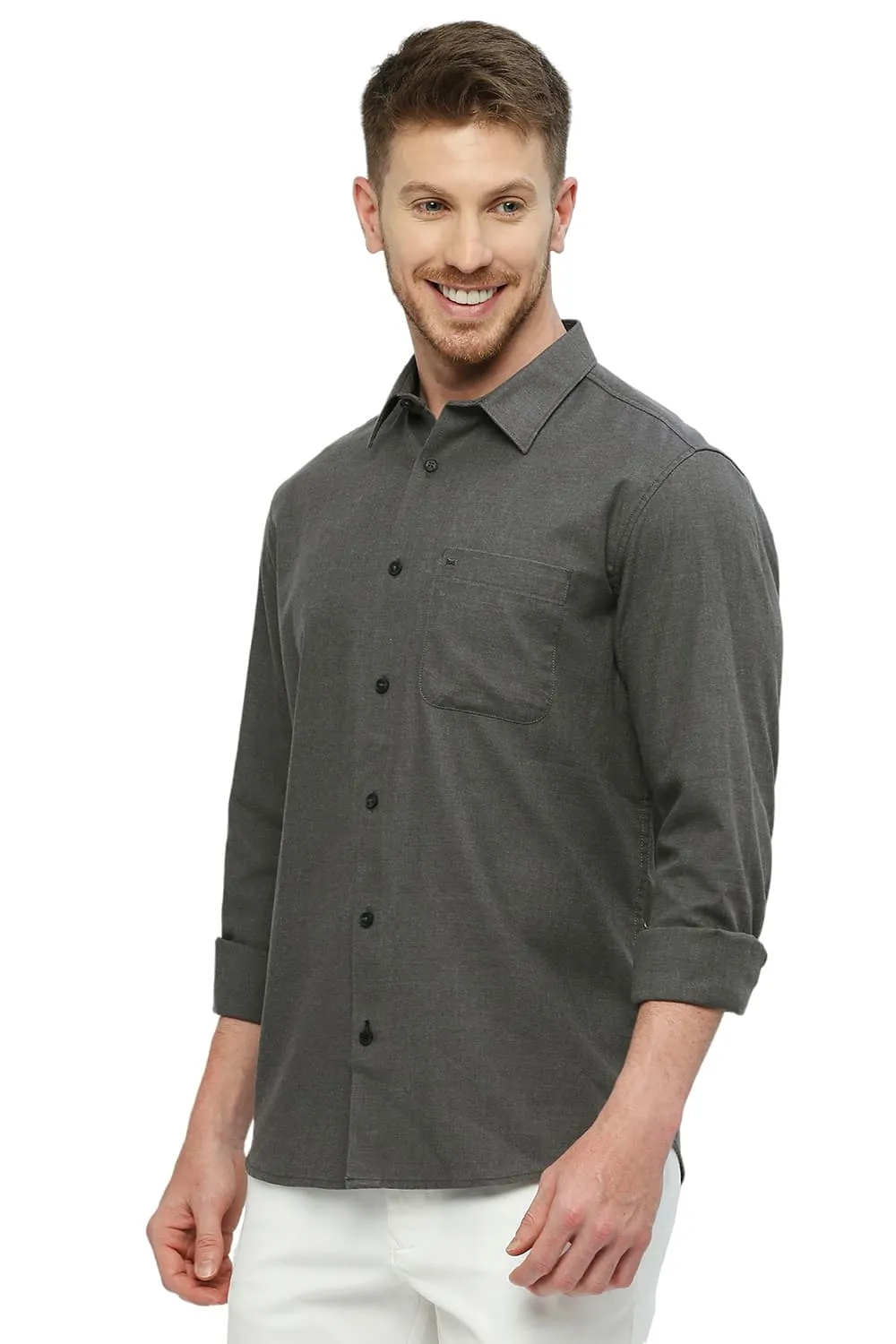 Slim Fit Polyester Cotton Lyocel Twill Melange Shirt