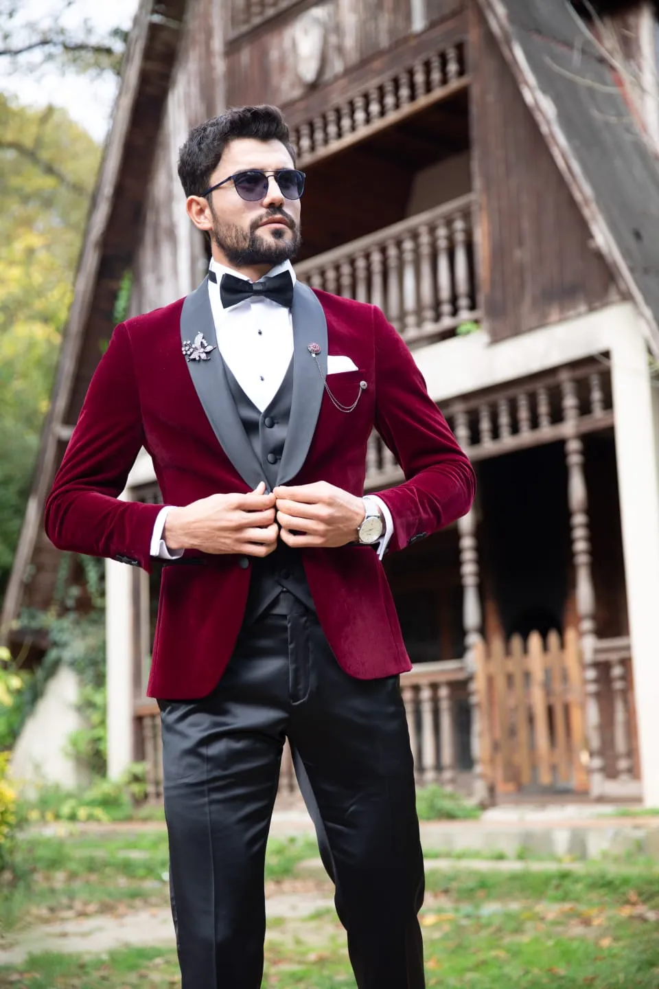 SLIM-FIT VELVET CLARET RED TUXEDO