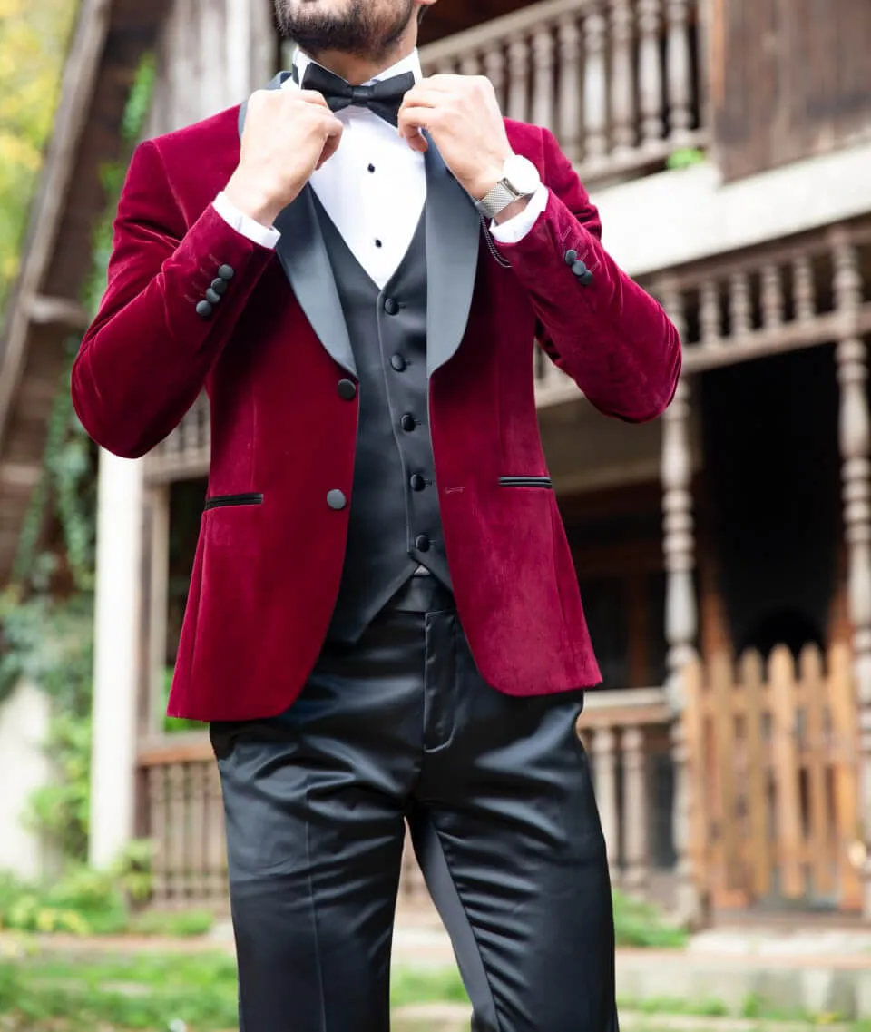 SLIM-FIT VELVET CLARET RED TUXEDO