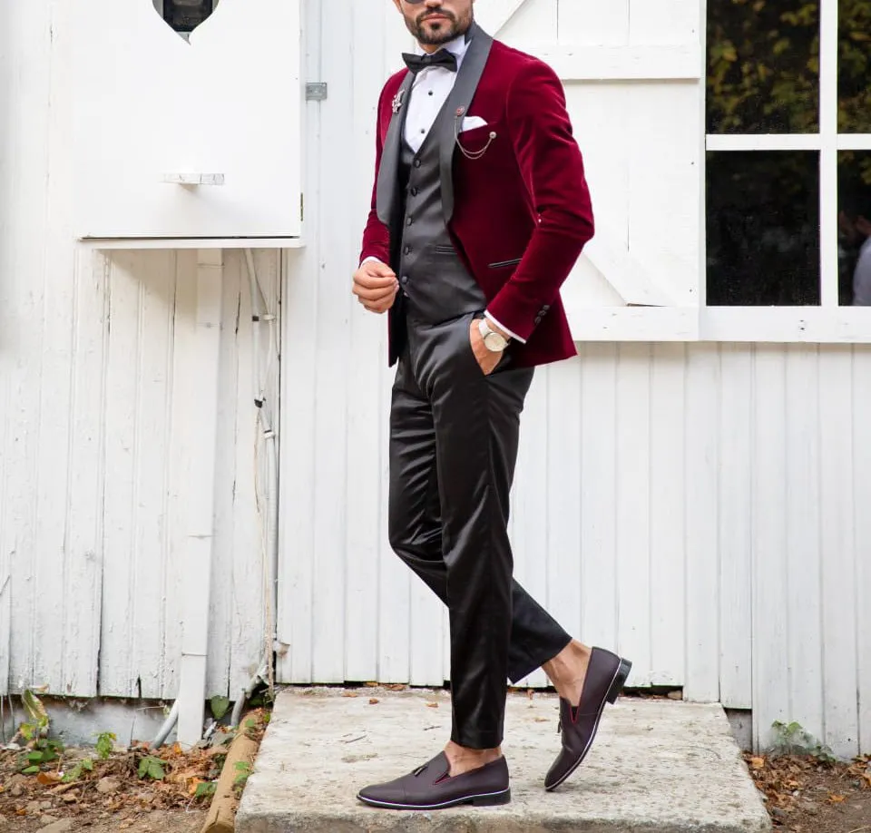 SLIM-FIT VELVET CLARET RED TUXEDO